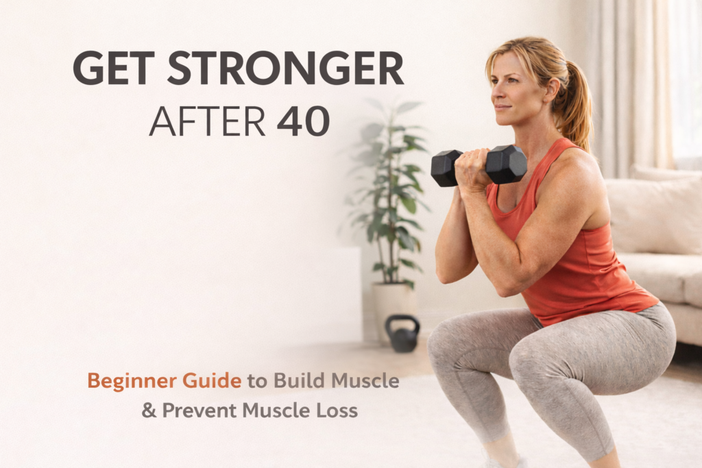 Woman over 40 doing strength training with dumbbells at home – beginner strength training after 40 guide